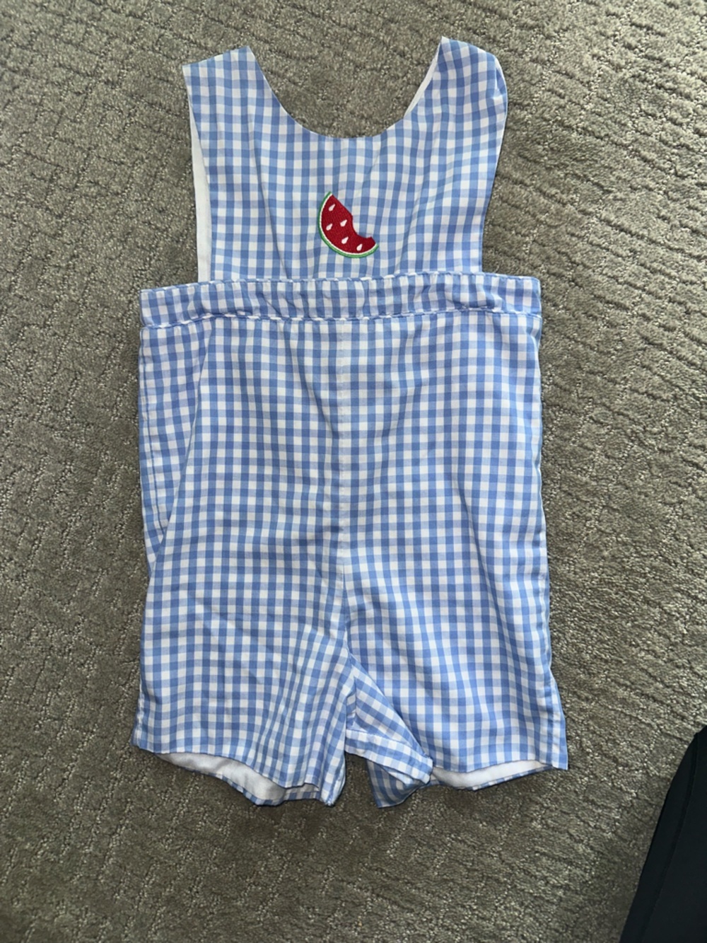 Little English Blue and White Gingham jumper with watermelon Accent